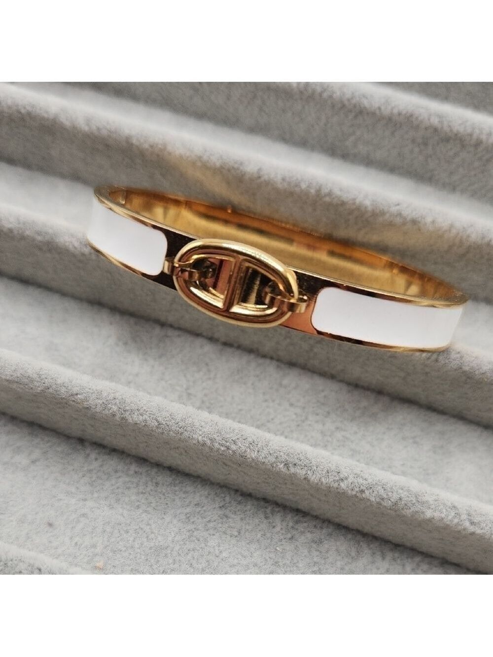 18k Gold Plated Stainless Steel Bangle Bracelet, White Detailing